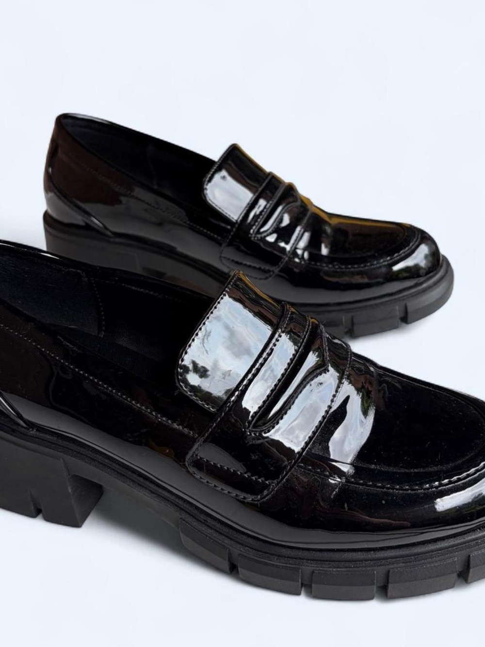 Black Patent Penny Loafers with Lug Sole